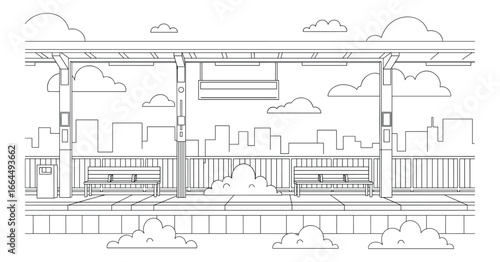 Linear drawing of subway platform featuring benches, city view and clouds. Vector illustration in simple design.