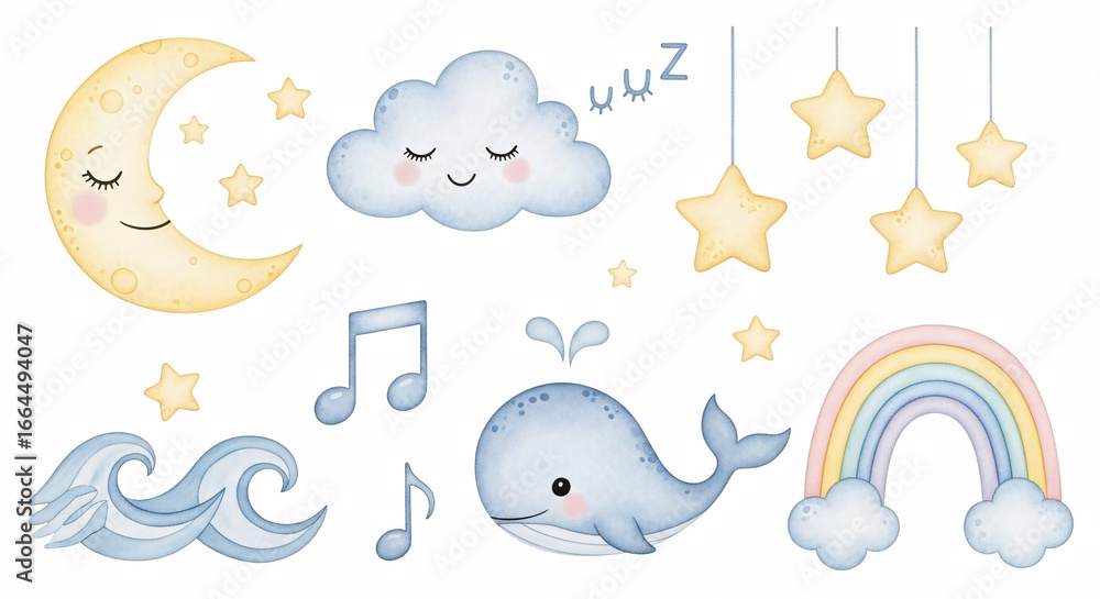 Fototapeta premium Watercolor Nursery Bedtime Illustration Set with Moon, Stars, Cloud, Whale, Rainbow and Dreamy Night Elements 