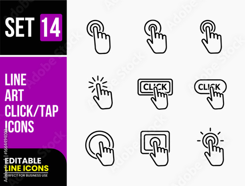 Set of 9 Line Art Click and Tap Icons, Vector Symbols for UI and User Interaction