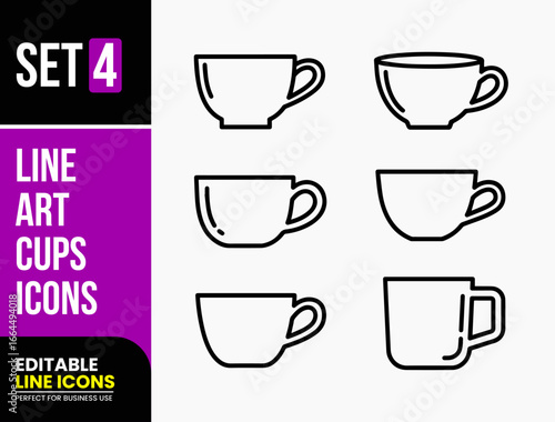 Set of 6 Line Art Cup Icons. Vector Symbols for Coffee, Tea, and Beverages