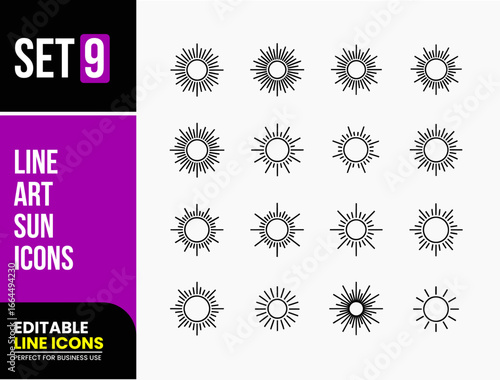 Set of 16 Line Art Sun Icons, Vector Symbols for Weather, Summer, and Sunlight