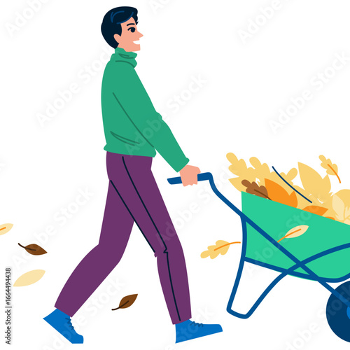 Gardener pushing wheelbarrow with autumn leaves in the garden