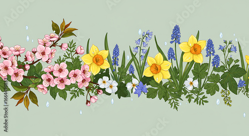 Spring Floral Border, Seamless Pattern, Pastel Background