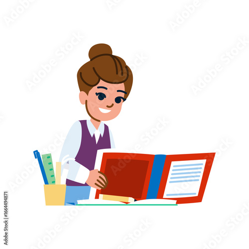 Smiling schoolgirl reading textbook at desk with school supplies