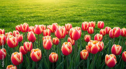 Red and Cream Tulips in a Spring Meadow at Sunset