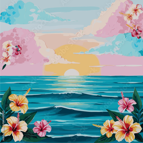 Vibrant Tropical Ocean Sunset with Hibiscus & Pastel Clouds Illustration