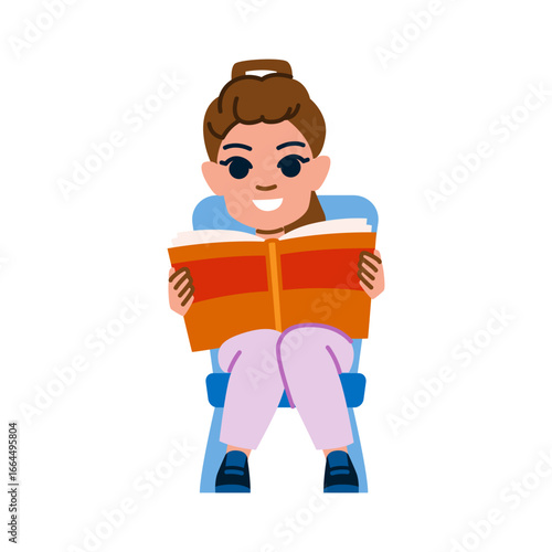 Smiling schoolgirl reading book sitting on chair