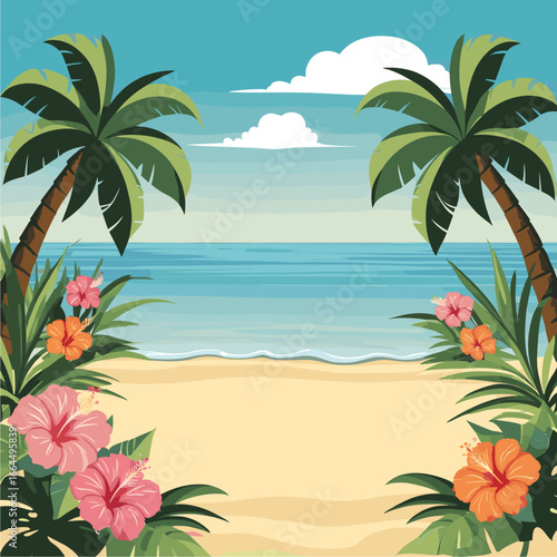 Vibrant Tropical Beach Illustration with Palm Trees, Sandy Shore, Blue Ocean, and Exotic Flowers