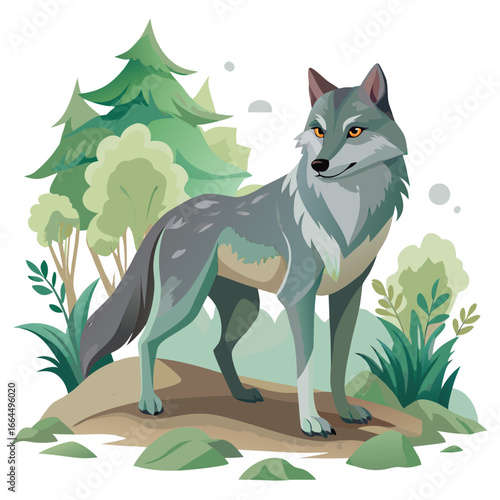 vector illustration of wolf, stalking, watercolor