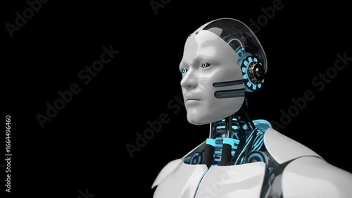 Close-up of a white futuristic robot head and upper torso against a black background.  Visible mechanical details, and glowing blue accents highlight the technology