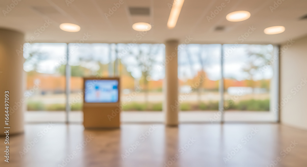 Fototapeta premium Modern Office Lobby, Blurred Background, Large Windows, Autumn View