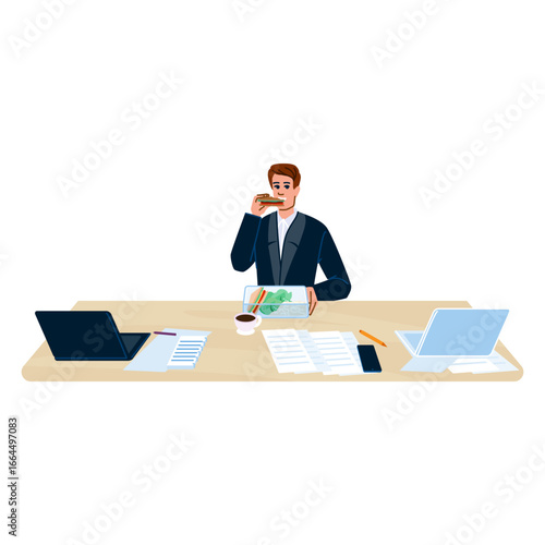 Businessman eating sandwich at office desk during lunch break