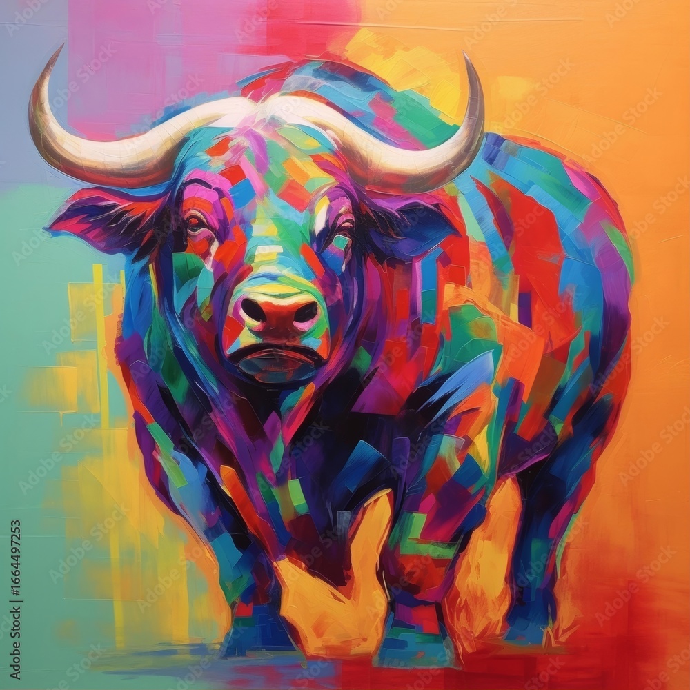 Obraz premium A vibrant painting of a bull with dynamic, colorful paint strokes standing on an abstract background