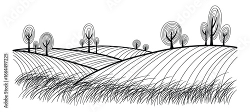 Hand drawn sketch of a rolling hills landscape with fields, trees, and grass. Vector Illustration.
