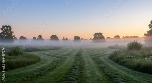 Serene Sunrise Meadow, Foggy Pathways