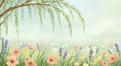 Pastel Floral Meadow, Willow Tree, Spring Landscape Illustration