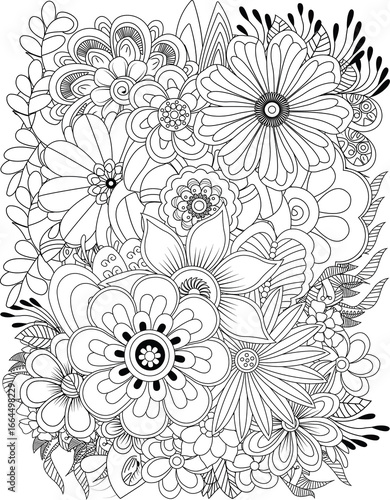 Intricate black and white floral design a beautifully detailed line art of many flowers transparent background