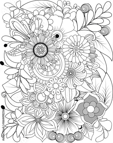Detailed floral mandala line art for coloring relaxing nature inspired artwork transparent background