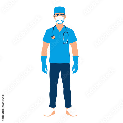 Full length illustration of a male doctor in blue scrubs, mask, and gloves, with a stethoscope around his neck, , representing healthcare, medicine, and the fight against viruses