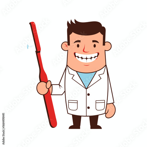 Cartoon dentist holding a large toothbrush, promoting oral hygiene and dental care for a healthy smile, emphasizing the importance of regular checkups and preventative measures