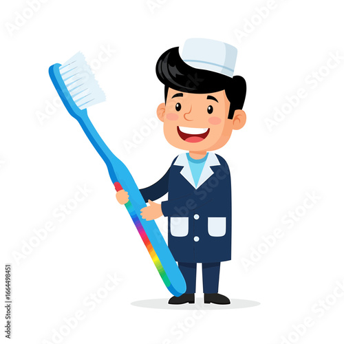 Cartoon dentist holding a big toothbrush, promoting oral hygiene and dental care for children, emphasizing the importance of regular brushing for a healthy and bright smile
