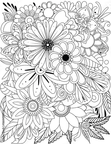 Detailed floral coloring page featuring a variety of flowers and leaves for creative expression transparent background