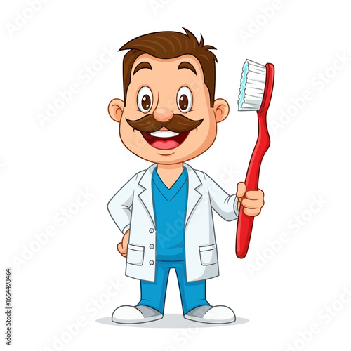 Cartoon dentist holding a red toothbrush, promoting oral hygiene and dental care, ensuring healthy teeth and gums, providing professional service with a friendly smile