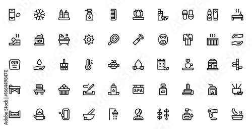 Spa icon set. Relaxation vector symbols. Includes appointment, candles, massage, sauna, bathrobe, facial mask, lotion, perfume, shampoo and more. Editable stroke.
