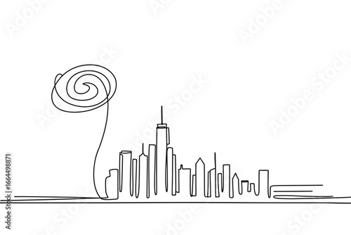 Abstract line art of a city skyline with a swirling flower