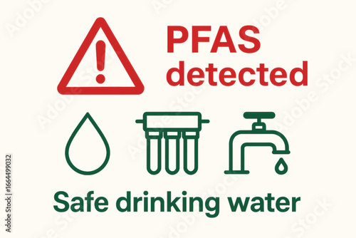 Minimal vector symbols showing PFAS detected warning and safe drinking water icons, suitable for scalable infographics and compliance visuals.