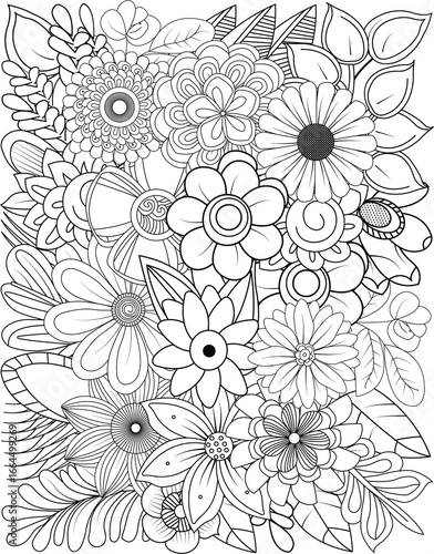 Detailed line art floral design featuring a variety of blooming flowers and leaves for coloring pages transparent background