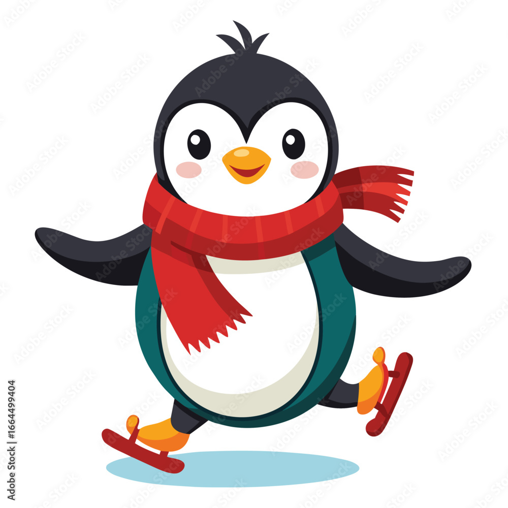 Obraz premium A cartoon penguin happily ice skating while wearing a christmas scarf, a fun and playful icon for winter sports and holidays.