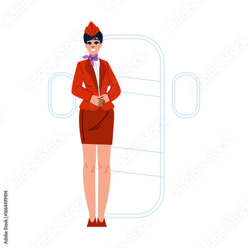 Smiling flight attendant welcoming passengers on airplane