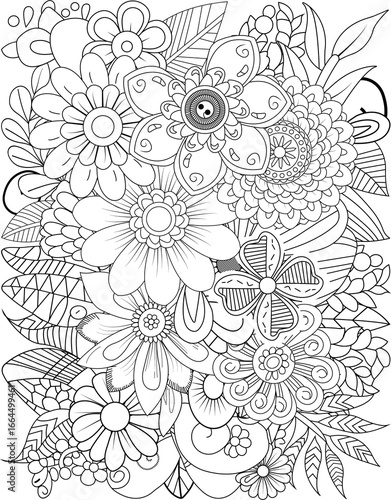 Intricate floral bouquet outline for coloring pages and artistic projects transparent background