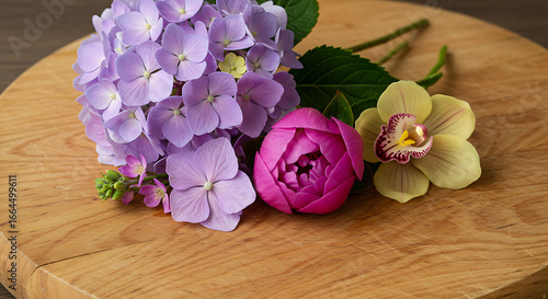 Elegant Purple Hydrangea, Pink Rose, Yellow Orchid Bouquet on Wood
