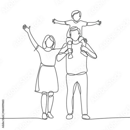 Joyful family portrait drawn with a single continuous line
