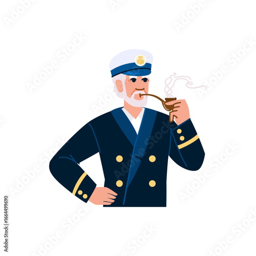 Experienced ship captain smoking pipe, portrait on white background