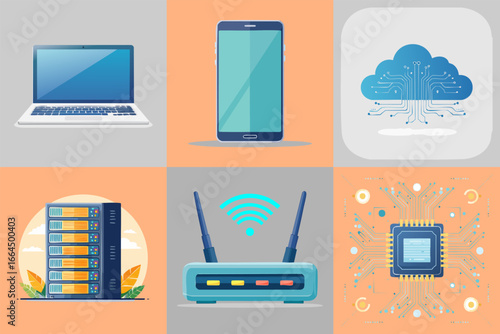 Flat Design Technology Vector Icon Set – Laptop, Smartphone, Cloud, Server, AI Chip, WiFi Router