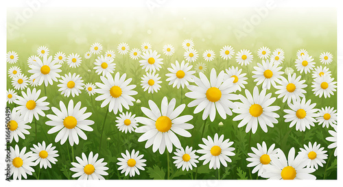 Daisy Field, Spring Meadow, White Flowers, Green Grass, Floral Background