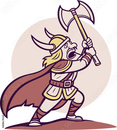 viking warrior with axe and horned helmet cartoo