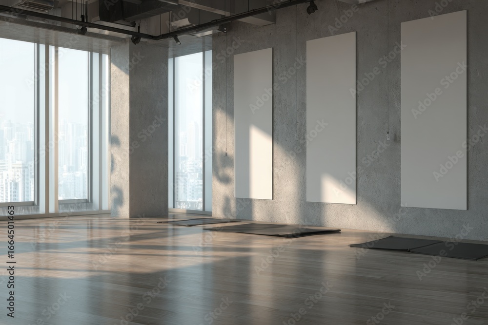 Obraz premium Modern industrial interior with spacious design large windows natural daylight minimal decor concrete walls wooden flooring urban cityscape view professional photography