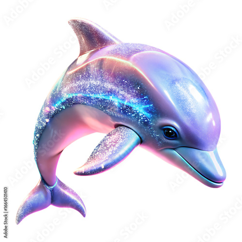 Glamorous 3D Dolphin: soft pink and blue neon glow, iridescent gradient, glossy and smooth, brilliant and shimmering, luxurious holographic surface, transparent background, cutout, clipart, PNG.