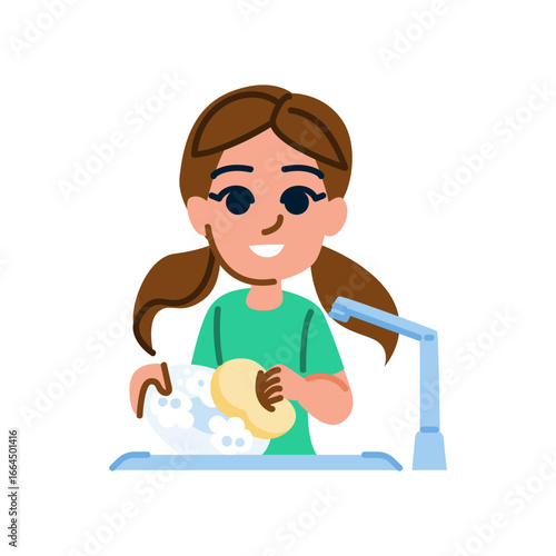 Smiling girl washing dishes in kitchen sink