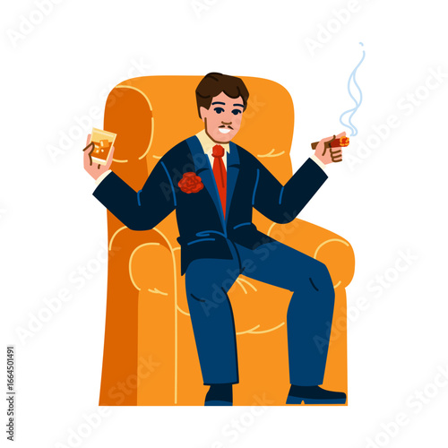 Rich businessman relaxing in armchair with cigar and whiskey