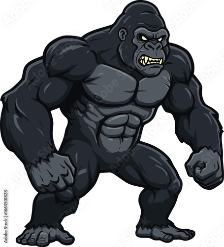 Angry cartoon gorilla flexing muscles, strong wild animal illustration, powerful beast pose, jungle monster character, muscular ape graphic, black background