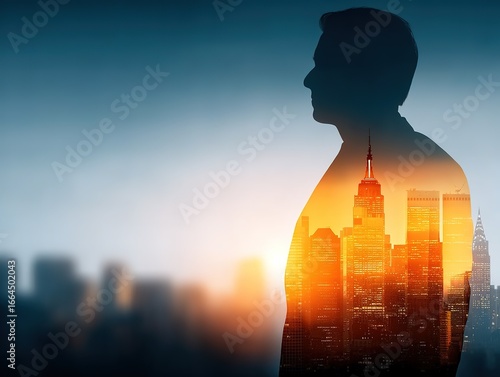 Double Exposure Business Silhouette: City Dawn & Creative Visual