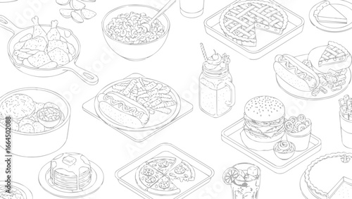 Simple black outline American food vector icons, vector
