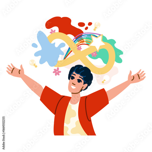 Young man embracing infinite possibilities with open arms and creative inspiration