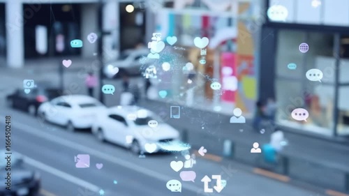 Social media icons overlaid on a city street scene