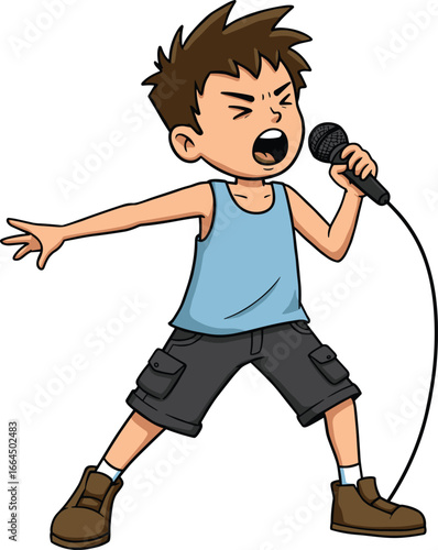 Cartoon boy singing with microphone, passionate performance on stage, music talent, kids concert, fun character illustration, energetic expression, music